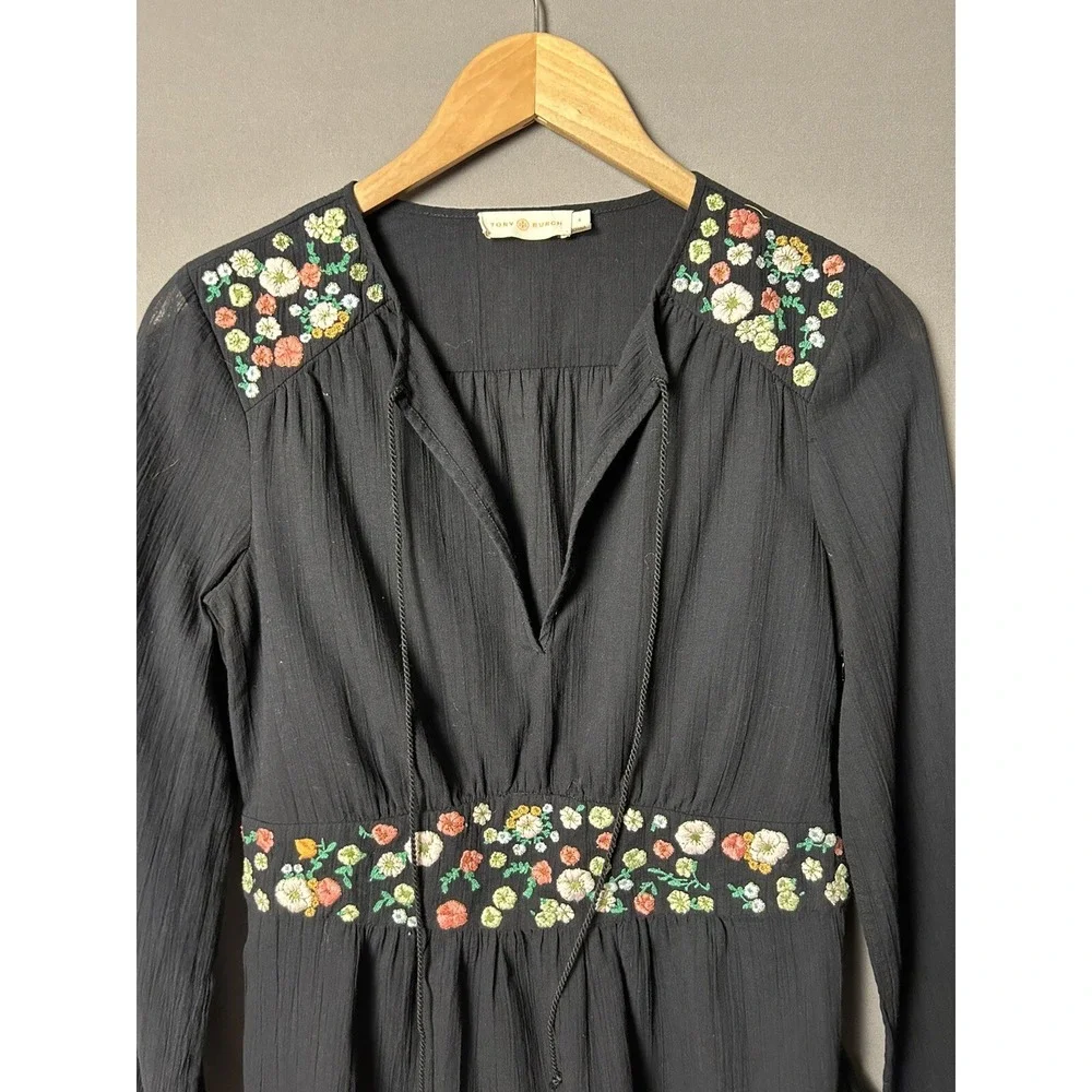 Tory Burch Top Size 4 FLEUR TUNIC Embroidered Trim Long Sleeve Black